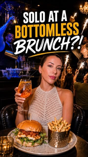 A promotional shot for a bottomless brunch experience, featuring a woman dining solo in a dimly lit, party-atmosphere venue. The image highlights the interactive nature of the brunch, including cocktails and a burger meal, set against a backdrop of a lively, music-focused environment.