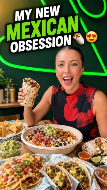 A bright and inviting promotional image featuring a creator holding a burrito, surrounded by a spread of Mexican dishes including a burrito bowl, nachos, and tacos, set against a branded green wall with a neon sign.