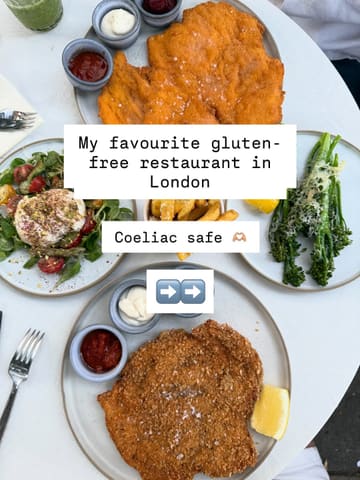 A bright, well-composed overhead flat-lay photograph showcasing a spread of food including schnitzel, a burrata salad, and broccolini, used to promote a gluten-free restaurant in London.