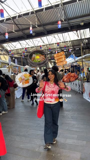 A vibrant vlog-style reel capturing the atmosphere and food offerings at London's first Korean Food Festival. The creator walks through the market, highlighting various sweet and savoury Korean dishes, including hotteok, dumplings, and unique pastries, while sharing her reactions.