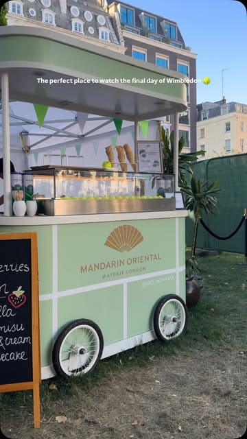 A promotional reel for the Mandarin Oriental Mayfair's Wimbledon-themed pop-up in Hanover Square, showcasing their outdoor screen, cocktails, and high-end snacks like wagyu hotdogs and lobster tacos.