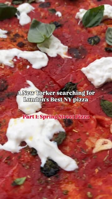 A short, punchy video review of Spring Street Pizza in London, presented as part of a series searching for the best NY-style pizza in the city. The video features close-up shots of various pizzas, a cheese pull, and a dessert, along with a brief look at the venue's outdoor seating area.