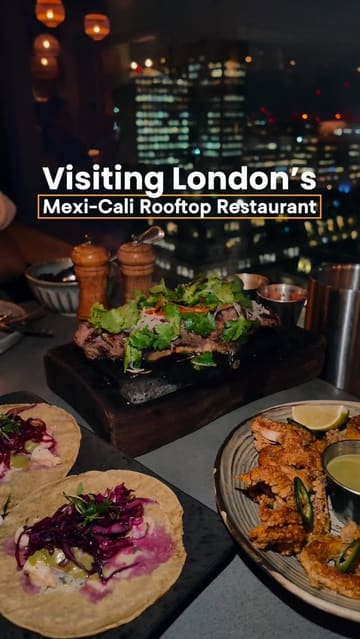 A creator visits Madera Treehouse in London, highlighting the Cali-Mex cuisine, the rooftop skyline views, and the 50% off offer available via the First Table app.