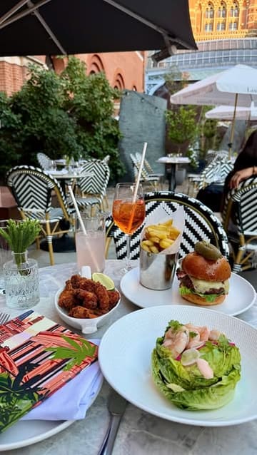 The video provides a tour of the Laurent-Perrier champagne terrace located at the St Pancras Renaissance Hotel in London. It highlights the outdoor seating area, the architecture of the hotel, and the available food and drink options, including champagne cocktails and light bites.
