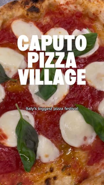 A promotional video for the Caputo Pizza Village festival in London, featuring shots of various pizzas, the event location at Potters Fields Park, and the creator enjoying the food.