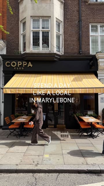 A 'day in the life' style reel showcasing a visit to Marylebone, London, featuring stops at local shops, a museum, and a lunch/drinks experience at Coppa Club.