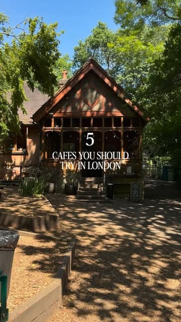 A listicle-style video showcasing five unique cafes in London, featuring a mix of exterior shots, interior atmospheres, and close-ups of food and drinks like pancakes, pastries, and coffee.