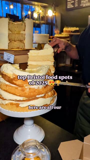 A fast-paced, creator-led video showcasing a variety of popular food spots in Bristol, including bakeries, street food vendors, and cafes. The video features close-up shots of various dishes like cakes, corn dogs, and sandwiches, interspersed with the creator trying the food.