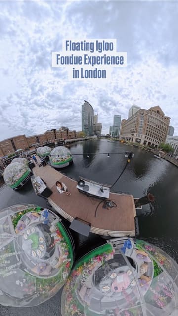 The video features a unique floating igloo dining experience in Canary Wharf, London, provided by Skuna Boats. It utilizes 360-degree camera footage to capture the igloos on the water, the surrounding city views, and the fondue dining experience inside. The edit is smooth and engaging, highlighting the novelty of the activity.