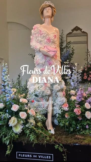 A visual tour of the Fleurs de Villes Diana exhibition at Somerset House, featuring mannequins intricately decorated with fresh flowers to celebrate the life and style of Princess Diana.