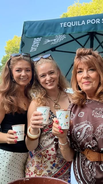 A vibrant montage showcasing the Cocktails in the City festival in London, featuring various cocktail bars, live music, a silent disco, and food offerings in an outdoor garden setting.