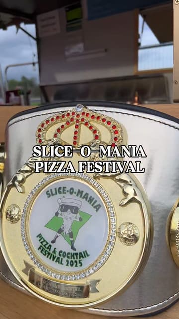 A promotional video for the 'Slice-O-Mania' pizza festival in London, featuring a fast-paced montage of various pizza vendors, cocktail bars, and entertainment options including a golf simulator and live wrestling. The video uses a voiceover to highlight the event details, pricing, and activities, creating a compelling invitation to attend.