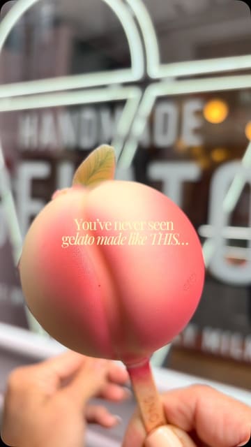 A short, energetic video showcasing the peach-shaped gelato and other menu items at Snowflake Gelato. The video features quick cuts of the product, the shop interior, and the chef preparing items, set to music with text overlays.