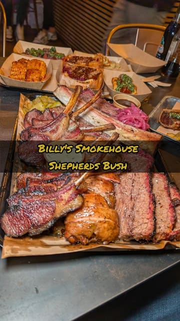 A high-energy, fast-paced review of Billy's Smokehouse in Shepherd's Bush, London, featuring a variety of smoked meats including lamb chops, short rib, and brisket.