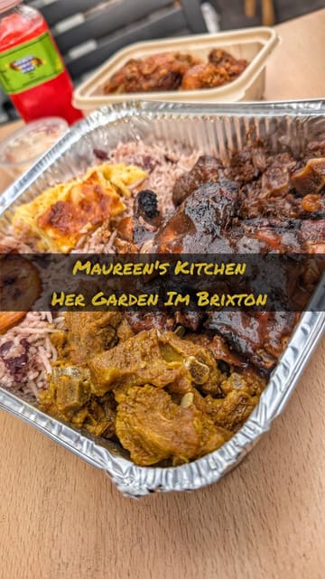 The video is a review of Maureen's Kitchen in Brixton, a home-based Caribbean food spot. The creator walks through the experience, from the exterior to the cooking process, and provides a taste test of various dishes including fried chicken, curry goat, jerk chicken, oxtail, rice and peas, mac and cheese, and coleslaw, accompanied by homemade fruit punch.