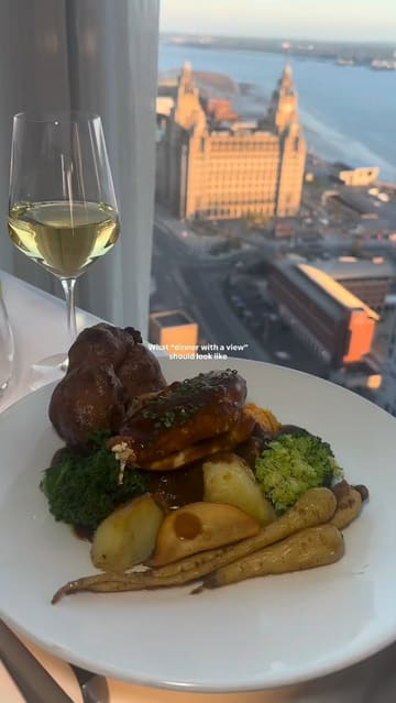 A polished montage showcasing the dining experience at Panoramic 34 in Liverpool, highlighting the panoramic city views, refined Italian-inspired dishes, and cocktail service during sunset.