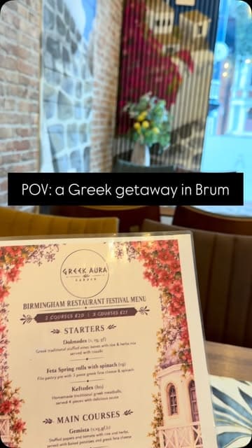A short, visually-driven reel showcasing the menu and dishes at Greek Aura in Birmingham, featuring a variety of traditional Greek plates and cocktails.