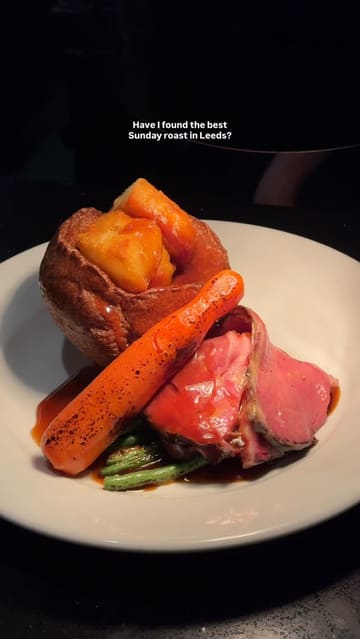 A short promotional video featuring a visit to The Whitehall in Leeds, highlighting their Sunday roast, cocktails, and starters. The creator provides a positive review through text overlays while showcasing the food and venue interior.