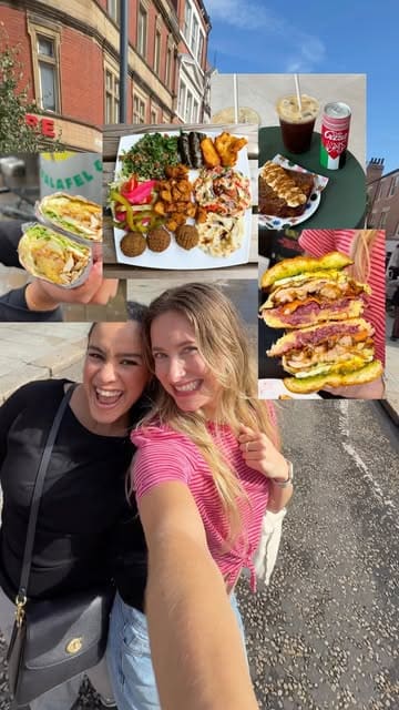 Two creators visit two Leeds-based businesses, North Star Coffee Shop and Akkawifood, to highlight their offerings and promote them as ethical, pro-Palestine choices. The video features a tour of the venues, close-ups of the food and drinks, and the creators' enthusiastic reactions.