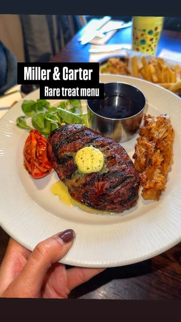 A promotional reel for Miller & Carter's 'Rare Treat' set menu, featuring the creator visiting the venue, showcasing the menu options, and enjoying a steak dinner.