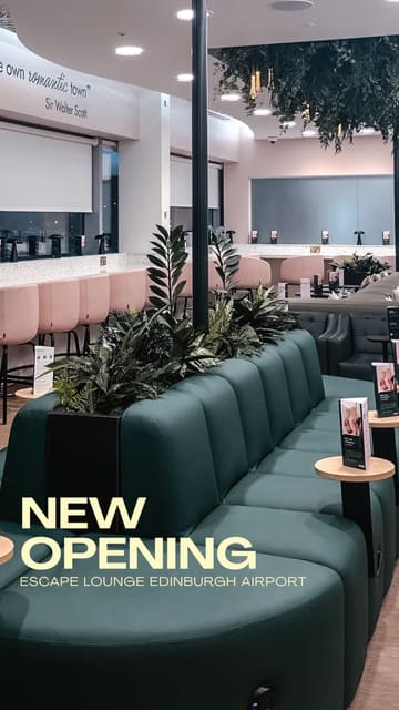 A short, montage-style video showcasing the Escape Lounge at Edinburgh Airport. The video highlights the interior space, the buffet food selection, and the drink options, with text overlays detailing the price and benefits of the lounge access.