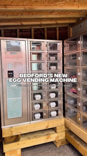 A short video showcasing a local egg vending machine in Bedford, followed by a visit to a nearby coffee shop, No. 7 Coffee House, to enjoy matcha, sandwiches, and cake.