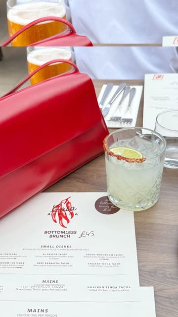 A group of friends visits a Mexican rooftop venue in London for a bottomless brunch. The video features shots of the rooftop setting, the menu, various tacos, chicken dishes, churros, and cocktails. The creators provide commentary on the experience, highlighting the quality of the food and the atmosphere.