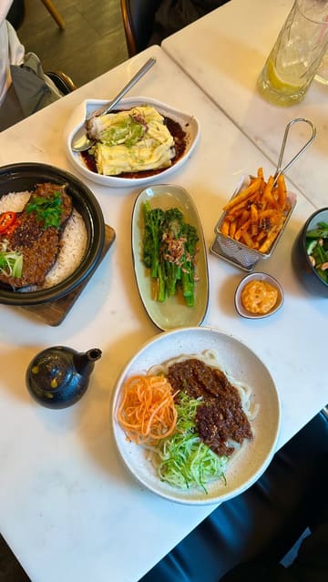 A montage of various dishes at Pot and Rice in London, featuring claypot rice, noodles, and a dessert, presented with text overlays.