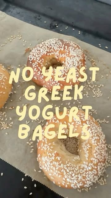 A step-by-step recipe tutorial for making no-yeast Greek yogurt bagels at home, showing ingredients, mixing, kneading, shaping, and baking.