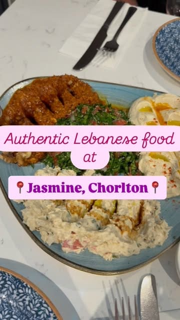 A montage of various Lebanese dishes and interior shots at Jasmine in Chorlton, featuring mezze, grilled meats, and drinks.