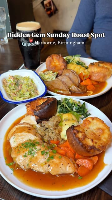 A short, punchy reel showcasing a Sunday roast experience at an Irish pub in Harborne, Birmingham, featuring close-ups of the food and the venue's interior.