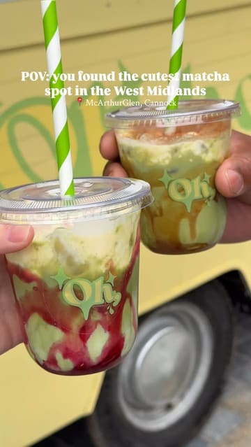 A short, punchy reel showcasing a new matcha and dessert spot located at McArthurGlen in the West Midlands. The video features close-up shots of matcha drinks being prepared with various toppings and syrups, as well as dessert puddings, highlighting the aesthetic appeal of the products.