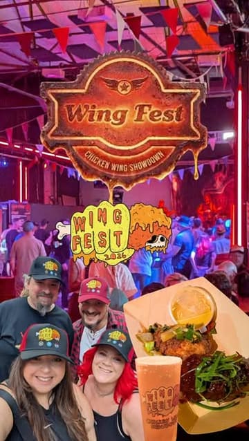 A high-energy montage capturing the atmosphere of Wing Fest in Sheffield, featuring various wing vendors, beer, and festival activities like games and live music.