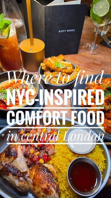 A montage-style video showcasing the interior atmosphere and various dishes at Dirty Bones in Soho, including cocktails, corn ribs, cheeseburger gyozas, and chicken dishes.