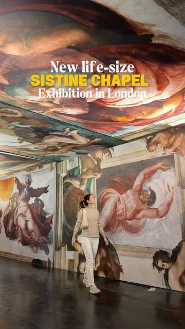 A short video showcasing the Michelangelo's Sistine Chapel: The Exhibition in London, featuring the creator walking through the space, viewing the life-size frescoes, and using the provided audio guide.
