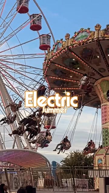 A montage video showcasing the Electric Summer pop-up event at Battersea Power Station, featuring fairground rides like a Ferris wheel and bumper cars, giant chess, food trucks, and a bar area.