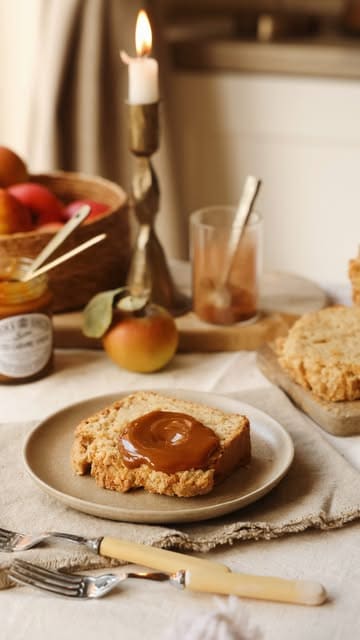 A high-quality, aesthetically pleasing recipe tutorial for an apple crumble scone loaf, featuring clear step-by-step visual instructions and a focus on the texture and preparation of the bake.