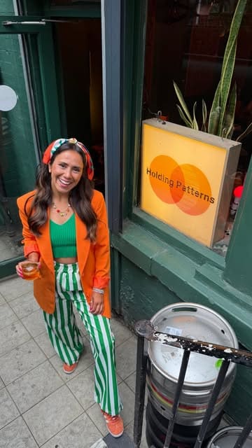 A vibrant vlog-style reel showcasing 'Holding Patterns', a listening bar in Leeds. The video highlights the venue's cozy interior, outdoor seating, DJ setup, and menu offerings including cocktails and a cheese board.