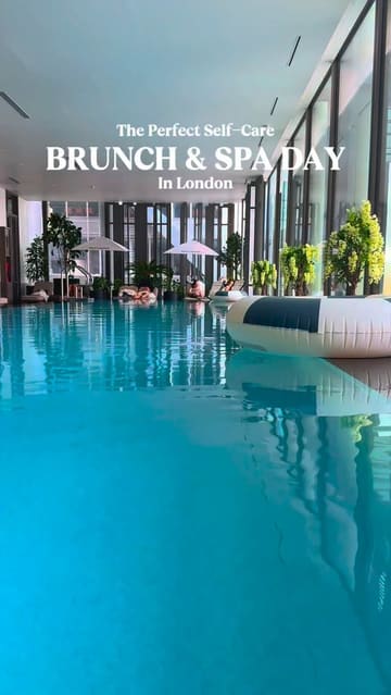 A high-quality montage showcasing a brunch and spa package at the Pan Pacific Hotel in London, featuring shots of the swimming pool, a Bloody Mary trolley, and plated brunch dishes.