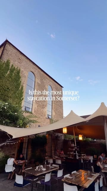 A montage-style reel showcasing At The Chapel in Somerset, featuring shots of the exterior, the terrace, various food dishes, the bakery, and the hotel rooms.