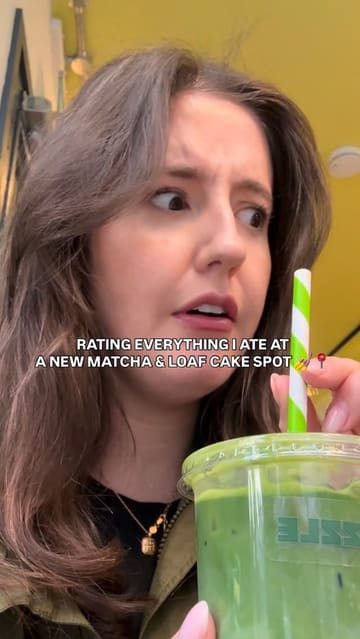 A creator visits Drizzle Loaf in Bristol to review their matcha drinks and loaf cakes. The video features the creator trying a Victoria sponge, a white chocolate matcha, and a banana bread special, providing honest feedback on each item while showcasing the cafe's interior and menu.