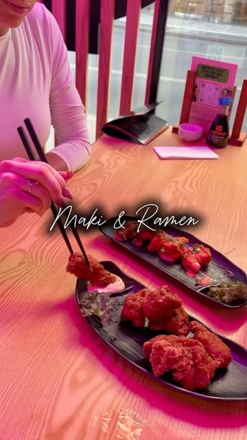 A promotional reel for Maki & Ramen in Shoreditch, showcasing their sushi, Japanese small plates, and cocktails in a neon-lit, modern setting.