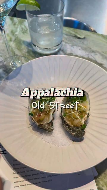 A fast-paced review of a new restaurant, Appalachia, featuring close-ups of various dishes like oysters, cornbread madeleines, buttermilk-brined chicken, and an ox cheek burger, followed by a visit to the downstairs cocktail bar.