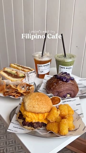 A short, punchy montage showcasing various food and drink items from a Filipino cafe, including sandwiches, pastries, and lattes. The video focuses on close-up shots of the food to highlight textures and presentation.