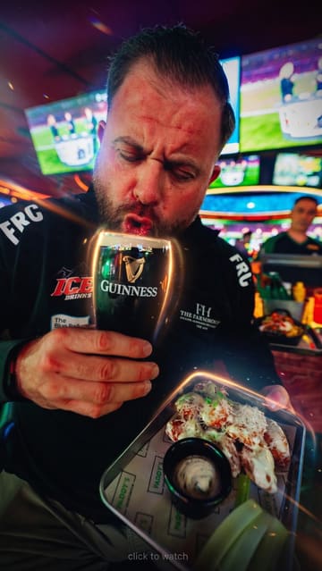 A high-energy, handheld vlog-style review of Paddy's Sportsbook at the Hippodrome Casino in London, showcasing the venue's extensive sports viewing facilities, lively atmosphere, and pub-style food offerings like burgers, ribs, and nachos.