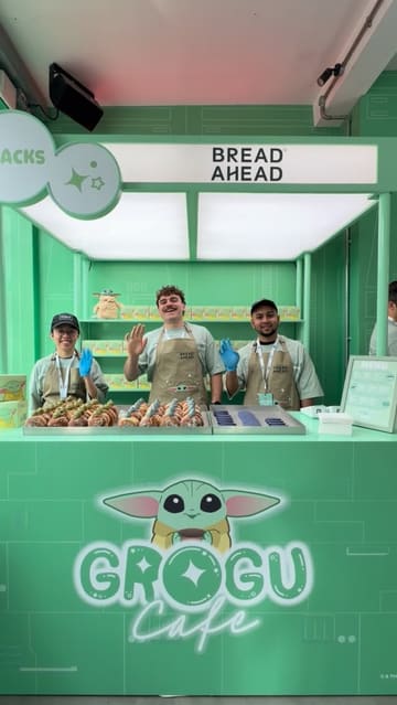 A vibrant, fast-paced promotional reel for a Star Wars-themed Grogu pop-up café in Shoreditch, London. The video highlights the branded matcha bubble tea, themed donuts, merchandise, and interactive experiences like a claw machine and photo booth.