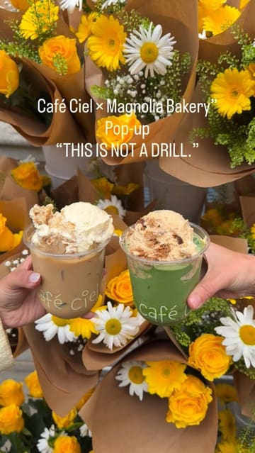 A short, aesthetic reel showcasing a pop-up collaboration between Café Ciel and Magnolia Bakery in London. The video features close-up shots of signature desserts like banana pudding and sticky toffee pudding, as well as iced drinks topped with pudding, set against a backdrop of floral decorations.