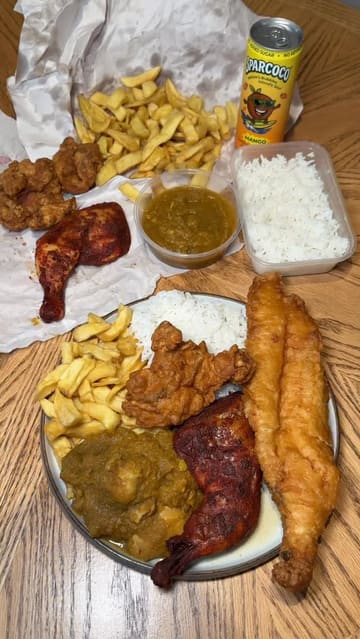 A review of Sole Plaice in Darenth, a local fish and chip shop that offers an Indian-inspired menu. The video features the creators trying various items including cod, chips, chicken curry, tandoori chicken, and chicken pakoras, as well as battered desserts.