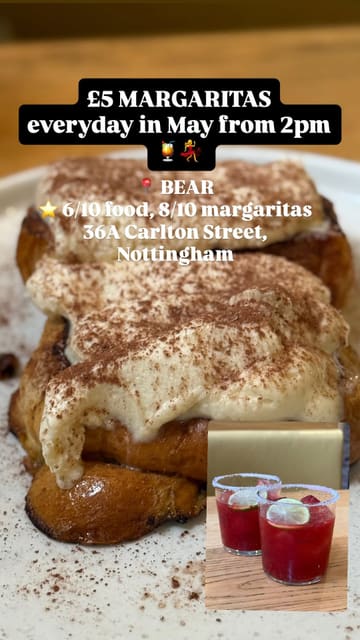 A short, fast-paced review of a venue called BEAR, highlighting a £5 margarita offer and showcasing various brunch and dessert items.