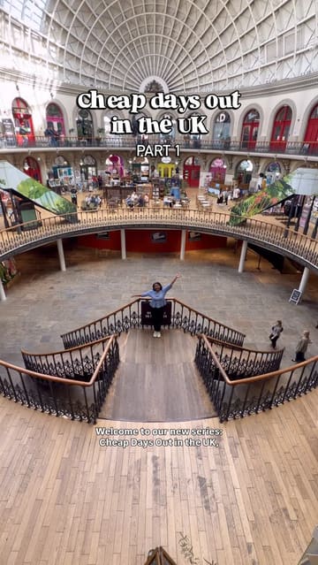 A travel vlog showcasing a budget-friendly day out in Leeds, UK. The video follows the creator as they travel by train, visit a ceramic outlet, walk along the canal, explore cultural sites like the art gallery and museum, and dine at a bakery and a Thai restaurant.